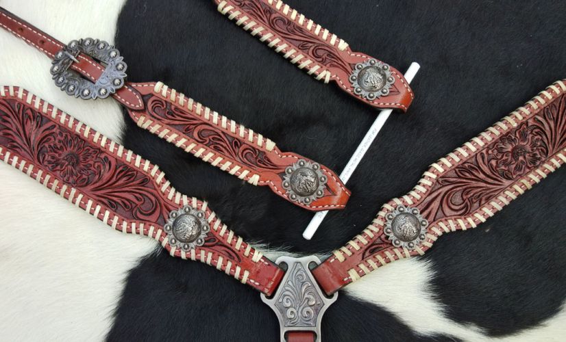 Showman One Ear Headstall and breast collar set with floral tooling and barrel racer conchos #5